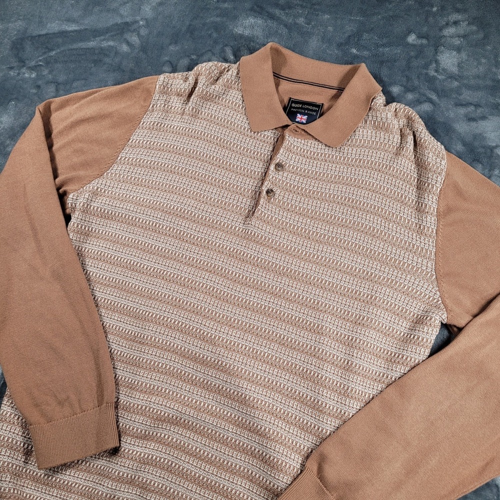 Guide London Premium Range Brown Textured Cotton Knit Polo‎ Shirt Long Sleeve L